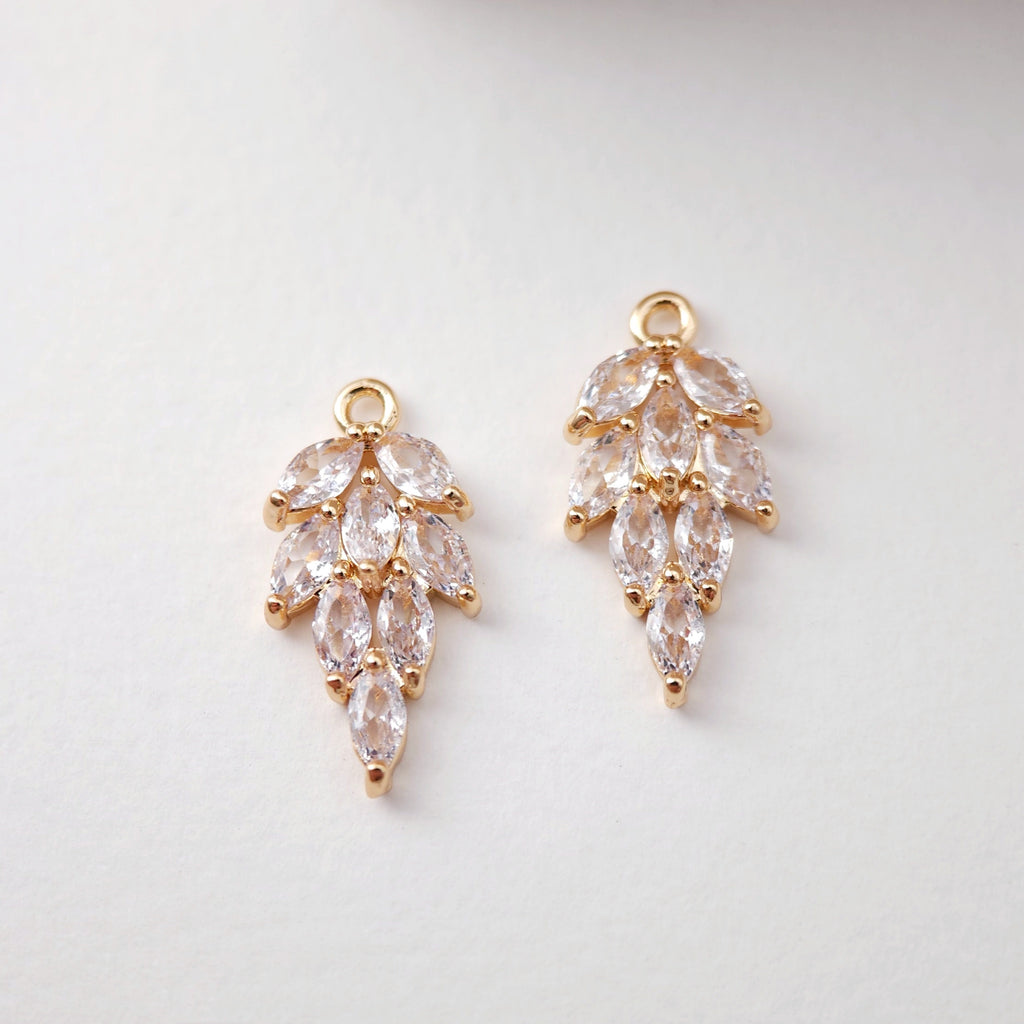 CZ Pave Leaf Charm, Cubic Pendant, Earring Connectors, Real Gold Plated Brass Earring Charms, Jewelry Findings D0070