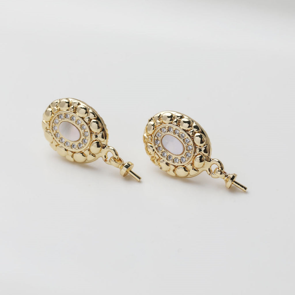 Oval Shape Post Earring, S925 Silver Ear Pin Nickel Free, Pave CZ, MOP, Ear Stud with Peg Bail Caps for Half Drilled Earring Findings GZ503