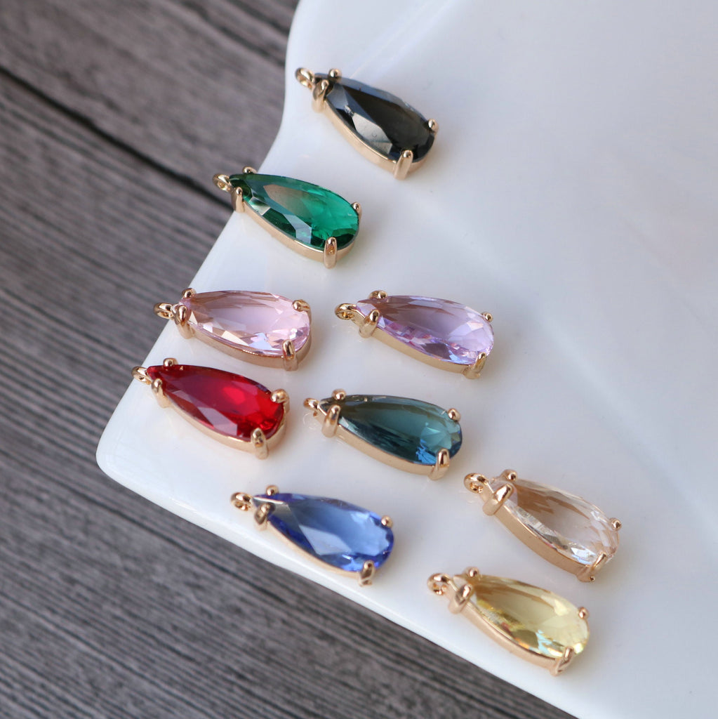 10pcs- Crystal Long Teardrop Charms, 11 colors You Choose, 14K Gold Plated Teardrop Pendant, 7x18mm, Jewelry Findings 068-F040