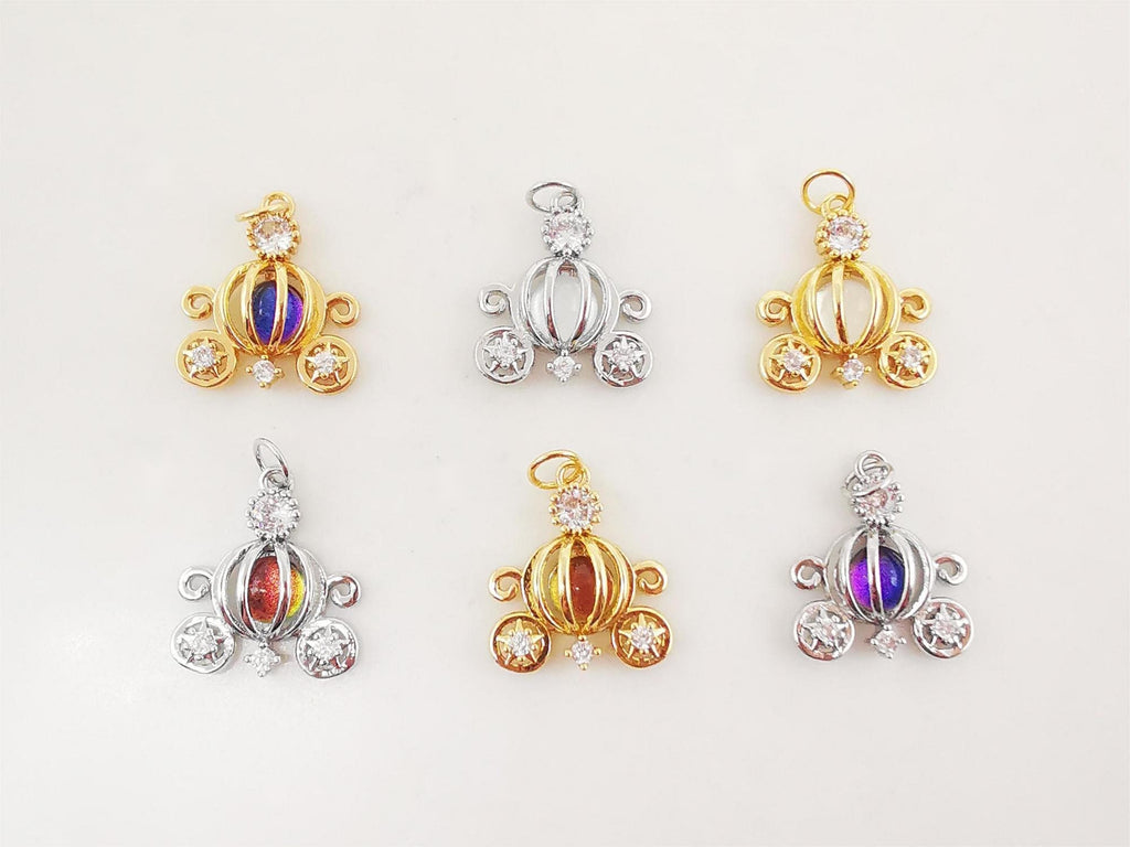Pumpkin Carriage Charms, 18K Gold Plated CZ Pave Charms, Crystal Pave Pendant, Cinderella's Carriage Pendant, Jewelry Findings S20280