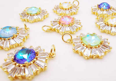 Sun Flower Charm, Multicolor Glass, 18K Gold Plated Cubic Pave Charm, Flower Pendant, Necklace Earring Making Charm, Jewelry Findings S1004