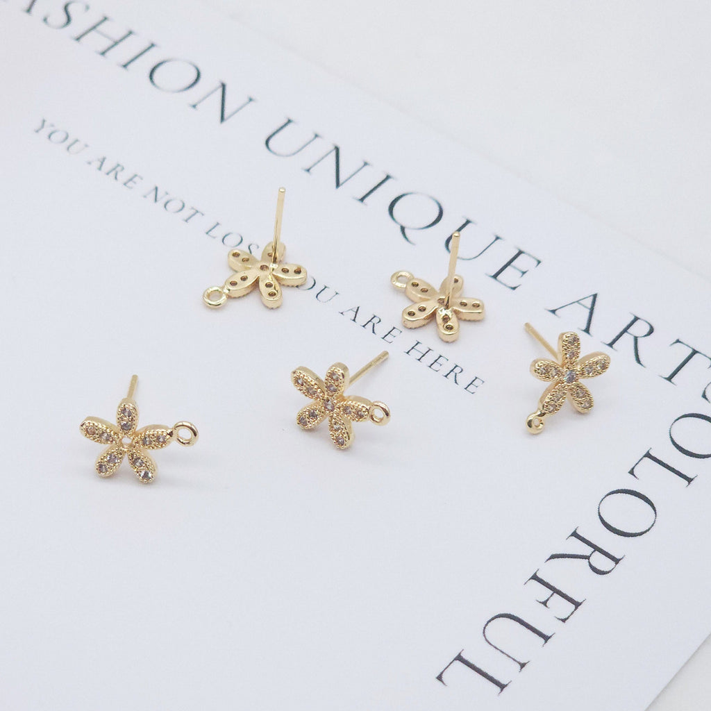 4PCS Flower Earring Post, Real Gold Plated Brass Stud Earring With Loop, S925 Silver Ear Pin, CZ Pave Ear Post, Earring Finding ZX044