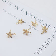 Load image into Gallery viewer, 4PCS Flower Earring Post, Real Gold Plated Brass Stud Earring With Loop, S925 Silver Ear Pin, CZ Pave Ear Post, Earring Finding ZX044