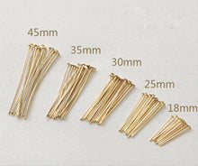 Load image into Gallery viewer, 100pcs Head Pins, 14K Gold Plated, 22/25Gauge, 18mm, 25mm, 30mm, 35mm, 45mm, Component for Jewelry Making Findings GD008
