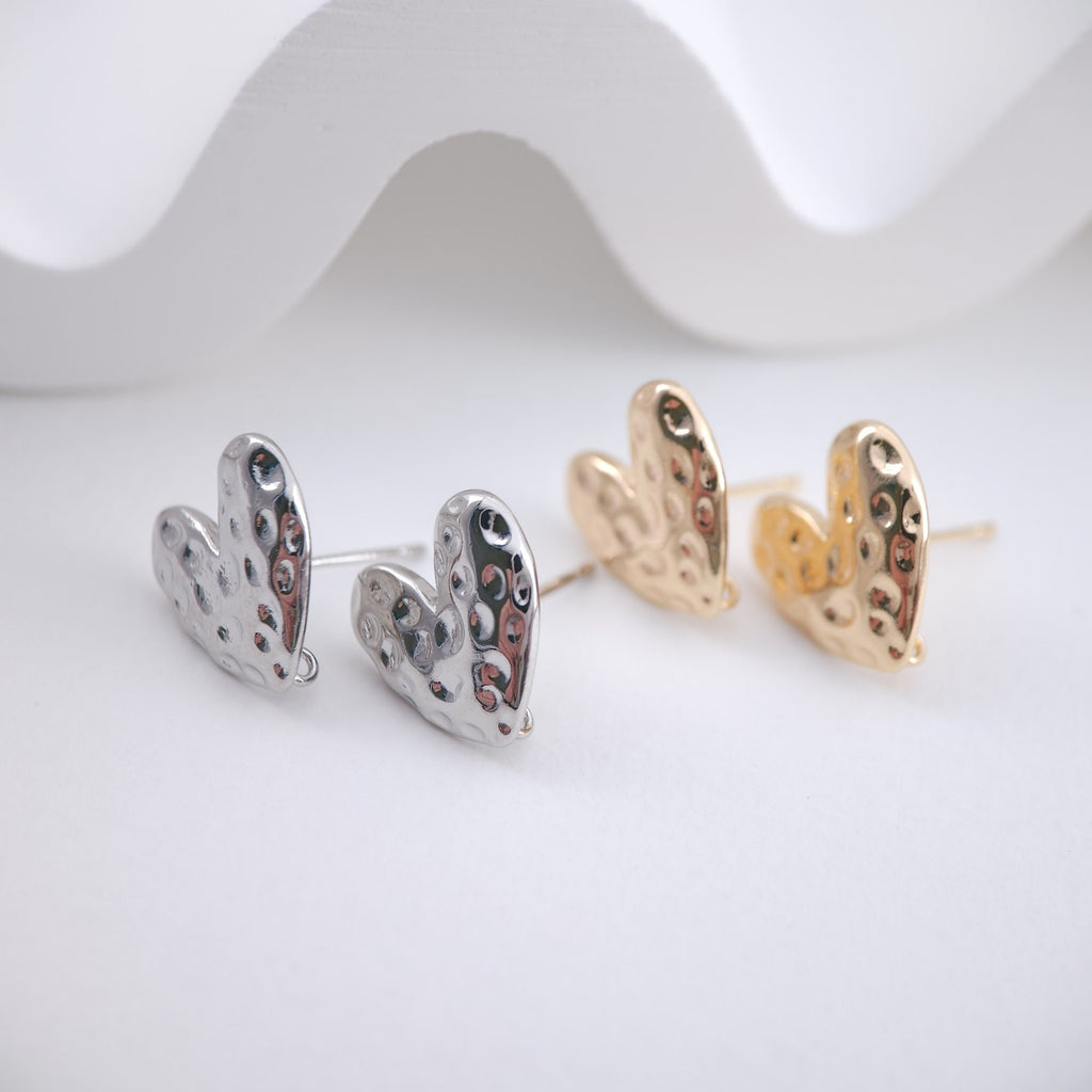 Hammered Heart Earring Post, 18K Gold/Silver, S925 Silver Pin Nickel Free Earrings, Heart Shape Ear Stud with Loop ZX242