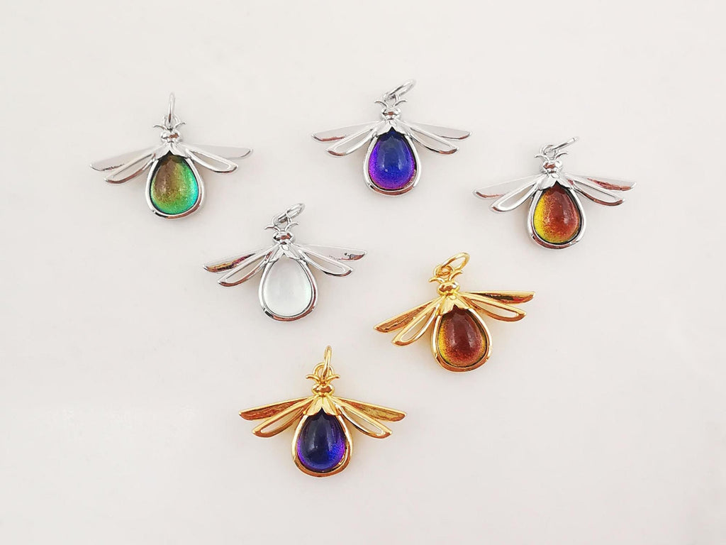 Dainty Firefly Charm, CZ Pave Flying Pendant, Drop Crystal Multi Color, 18K Gold Plated, Necklace Pendant Findings S20292