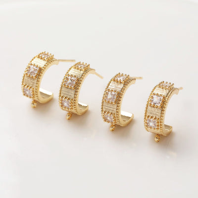 C Shape Earrings Post, 14K Gold/Silver Plated, CZ Pave, S925 Silver Ear Pin Nickel Free, Ear Stud Hypoallergenic Earring Findings GZ406