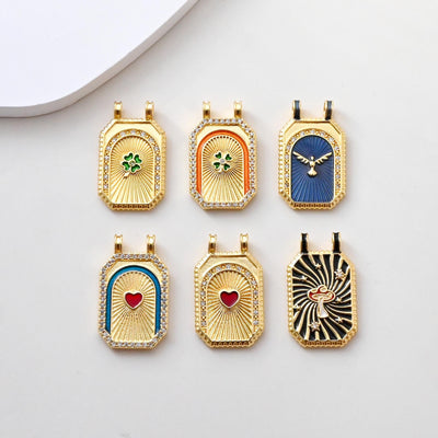 Rectangular Card Charm, 18K Gold Plated CZ Pave Pendant, Heart Charm, Four Leaf Clover Charm, Necklace Making Charm, Jewelry Findings S1384