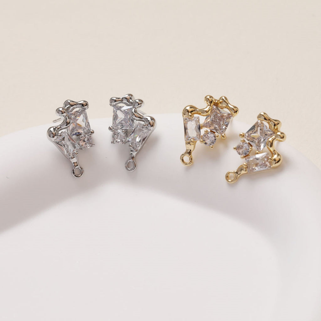 Irregular Pave CZ Earring Post, 14K Gold/Silver Plated,  S925 Silver Pin Nickel Free Earrings, Hypoallergenic Earring Findings GZ124