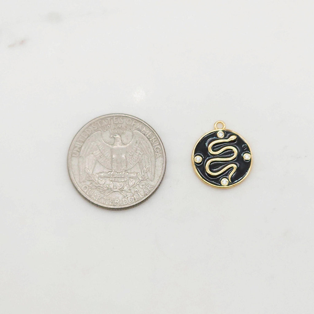 Snake Charm, Dainty CZ Pave, Round Enamel 18K Gold Plated, Snake Pendant, Bracelet Necklace Making Charm, 15mm Jewelry Finding S20382