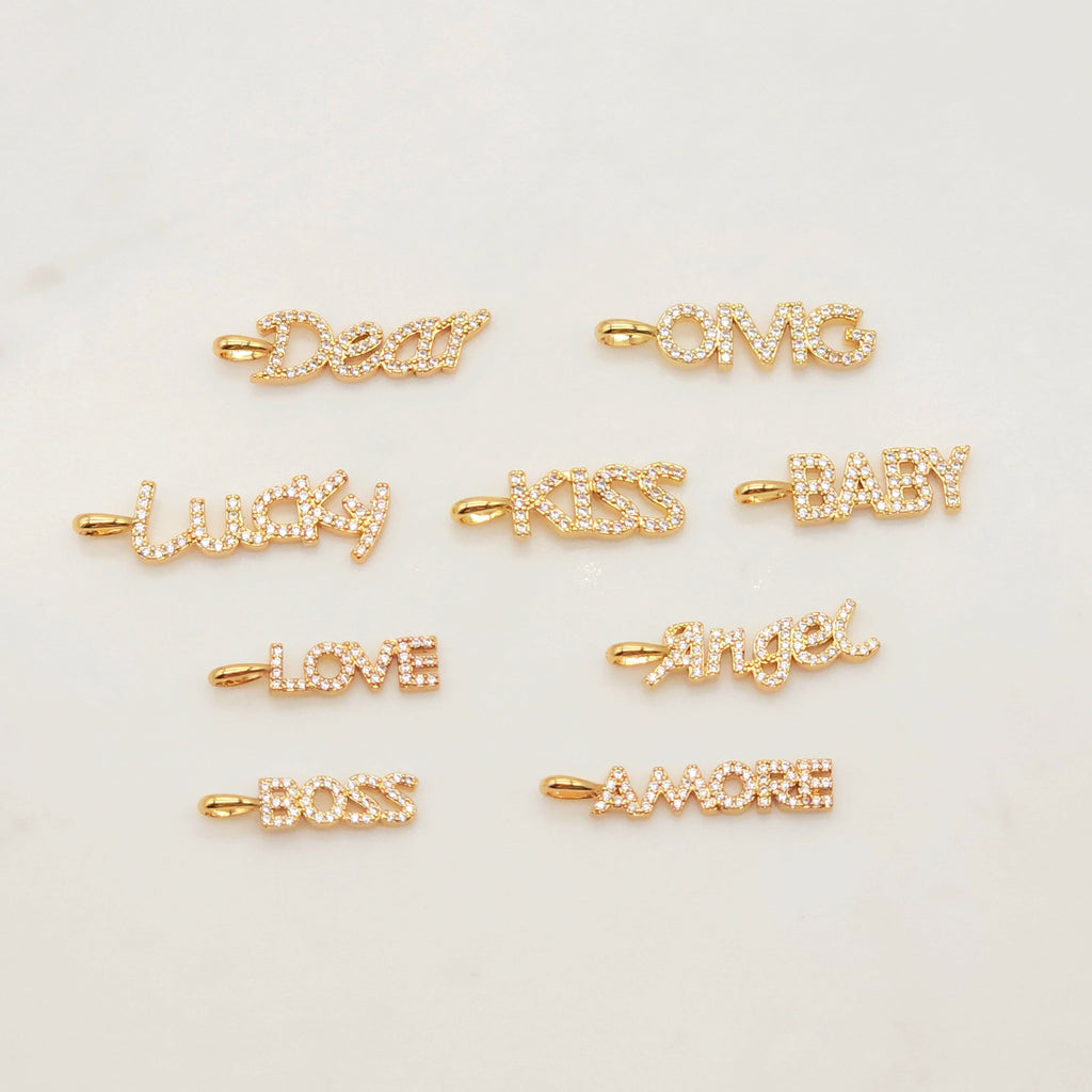 Words Pave Charm, Dear/OMG/Angel/Boss/Amore/Kiss/Lucky/Love, 18K Gold Plated, Necklace Making, CZ Pave Pendant, Jewelry Supplies S20345