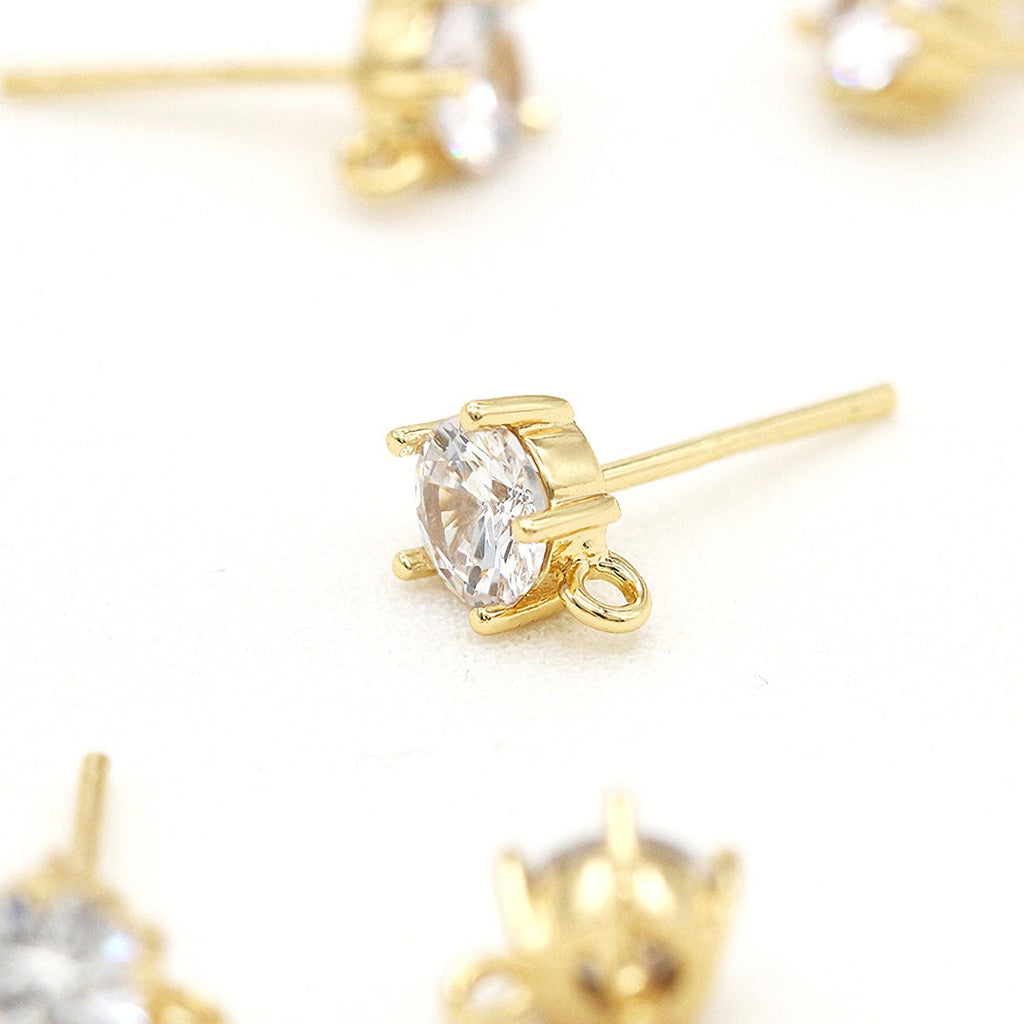 10PCS Tiny Ear Post with Loops, S925 Silver Ear Pin Nickel Free, Micro CZ Pave, 4mm, 14K Gold Plated Stud Earring Finding Z011