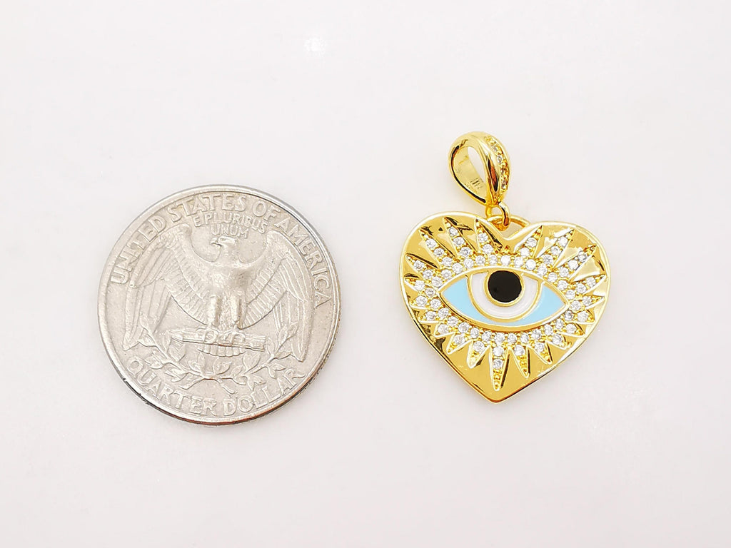 Heart Shape Evil Eye Charm, 18K Gold Plated Micro CZ Pave Enamel Eye Pendant, 22x20mm, Necklace Making Charm, Jewelry Findings S901