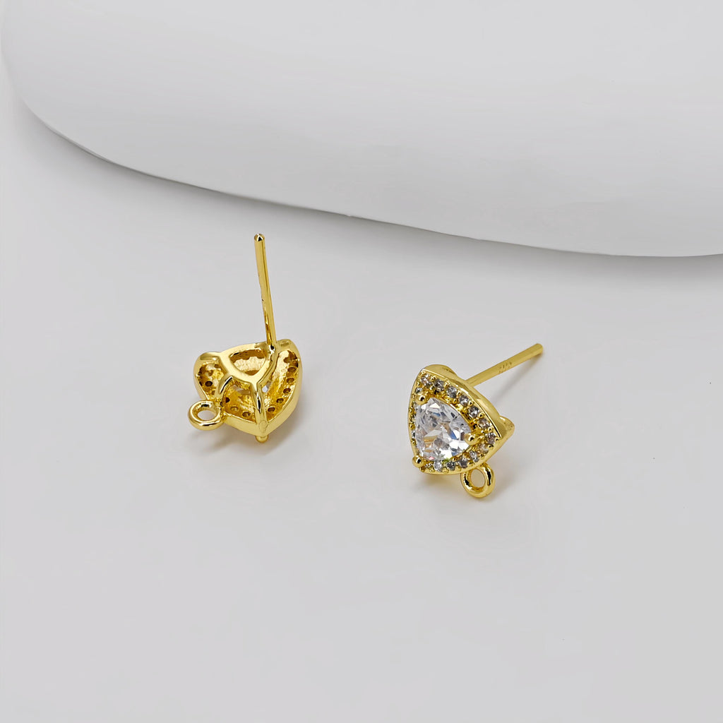 18K Gold Post, Triangle Earrings, CZ Pave, 10.7*8.4mm, S925 silver pin, Stud Earring Nickel Free, Hypoallergenic Earring Findings D0407