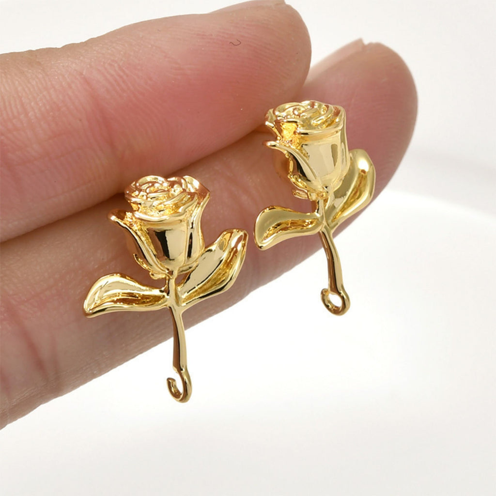 Poste para pendientes con forma de rosa, pendiente de botón de latón chapado en oro auténtico de 18 quilates con aro, sin níquel, accesorio para pendientes LL193