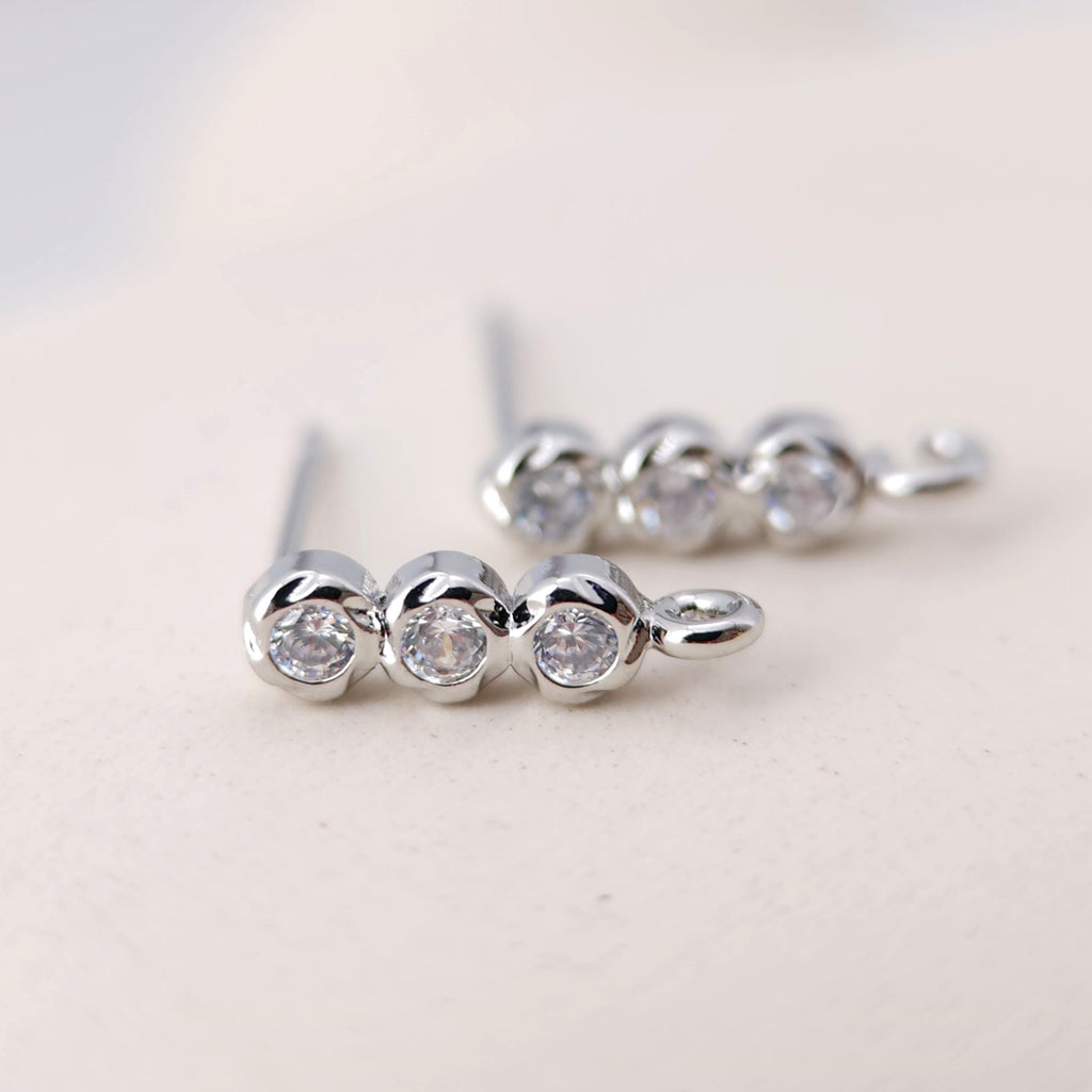 Tiny Ear Post with Loops, S925 Silver Ear Pin Nickel Free, Micro CZ Pave, 13.2*3.5mm, 18K Gold Plated Stud Earring Finding S1193