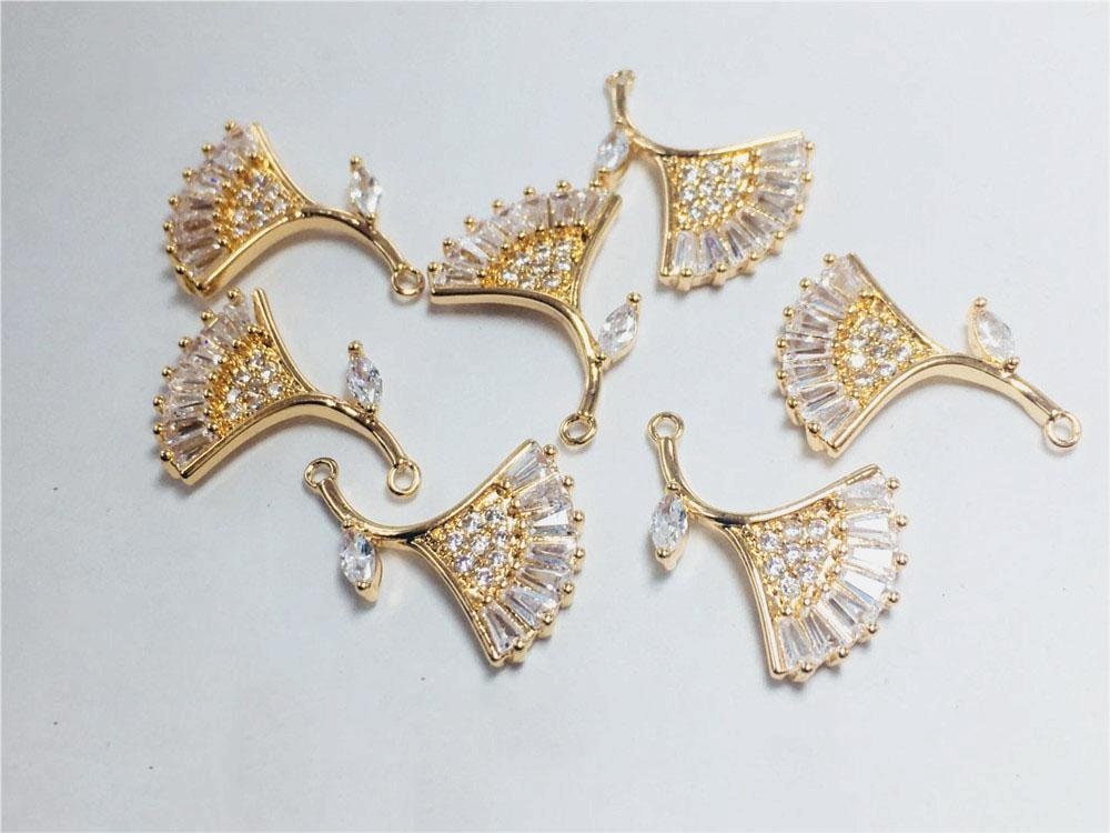CZ Pave Fan Shape Charm, Cubic Zircon Crystal Fan Connector, CZ Earring Charms, Real Gold Plated, Jewelry Findings STG053-F219