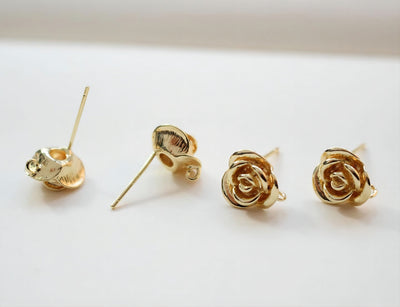 4PCS Rose Flower Earring Post, 18K Real Gold Plated Brass Stud Earring With Loop, Nickel Free, Earring Finding ZX057