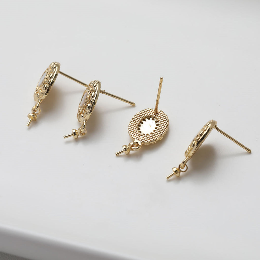 Oval Shape Post Earring, S925 Silver Ear Pin Nickel Free, Pave CZ, MOP, Ear Stud with Peg Bail Caps for Half Drilled Earring Findings GZ503