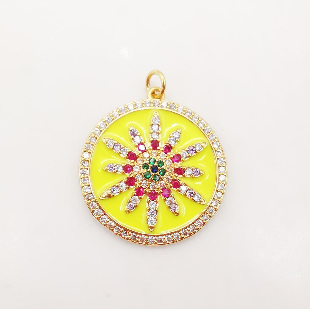 Enamel Sun Charm, Cubic Sunshine Round Pendant, 18K Shiny Gold Plated Micro CZ Pave, 25mm, Necklace Making Charm, Jewelry Findings S1084
