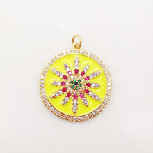 Load image into Gallery viewer, Enamel Sun Charm, Cubic Sunshine Round Pendant, 18K Shiny Gold Plated Micro CZ Pave, 25mm, Necklace Making Charm, Jewelry Findings S1084