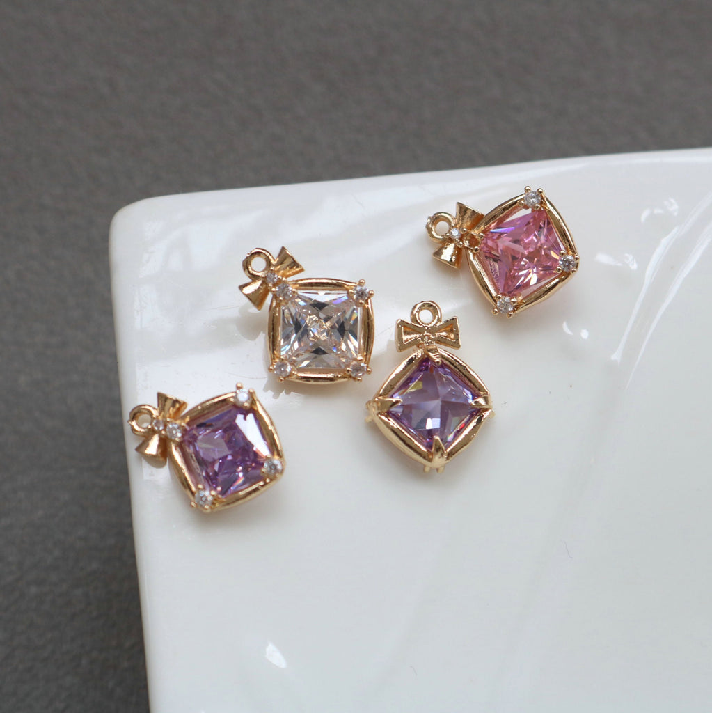 10 piezas de dijes de cristal de diamante con forma de lazo, chapados en oro de 14 quilates, 13,5 x 18 mm, accesorios de joyería HL063-F144