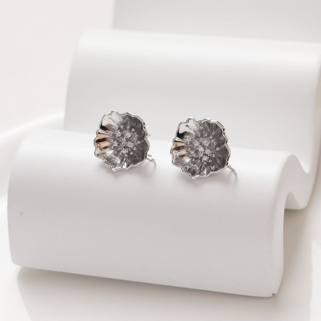 Cubic Flower Earring Post with Loops, S925 Silver Pin Nickel Free Earrings, CZ Pave Ear Stud Loop, Hypoallergenic Earring Findings BB045