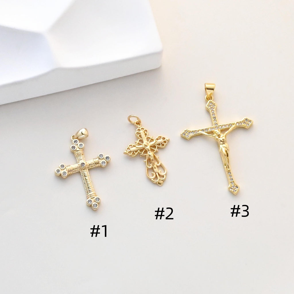 Dijes de cruz, colgante de cruz con pavé de circonitas, colgante religioso, latón chapado en oro de 18 quilates, dijes para hacer collares, accesorios de joyería S1335