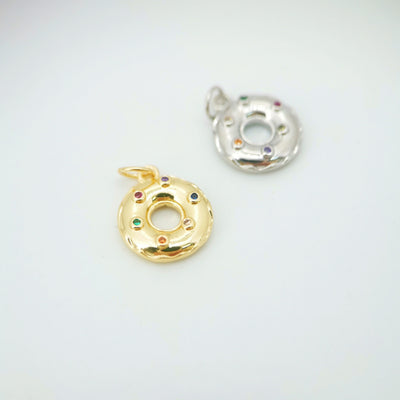 Doughnuts Charms, Clear Cubic Food Pendant, 18K Gold Plated, Necklace Earring Making Charms, 12mm, Jewelry Findings S759