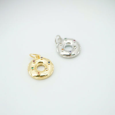 Doughnuts Charms, Clear Cubic Food Pendant, 18K Gold Plated, Necklace Earring Making Charms, 12mm, Jewelry Findings S759