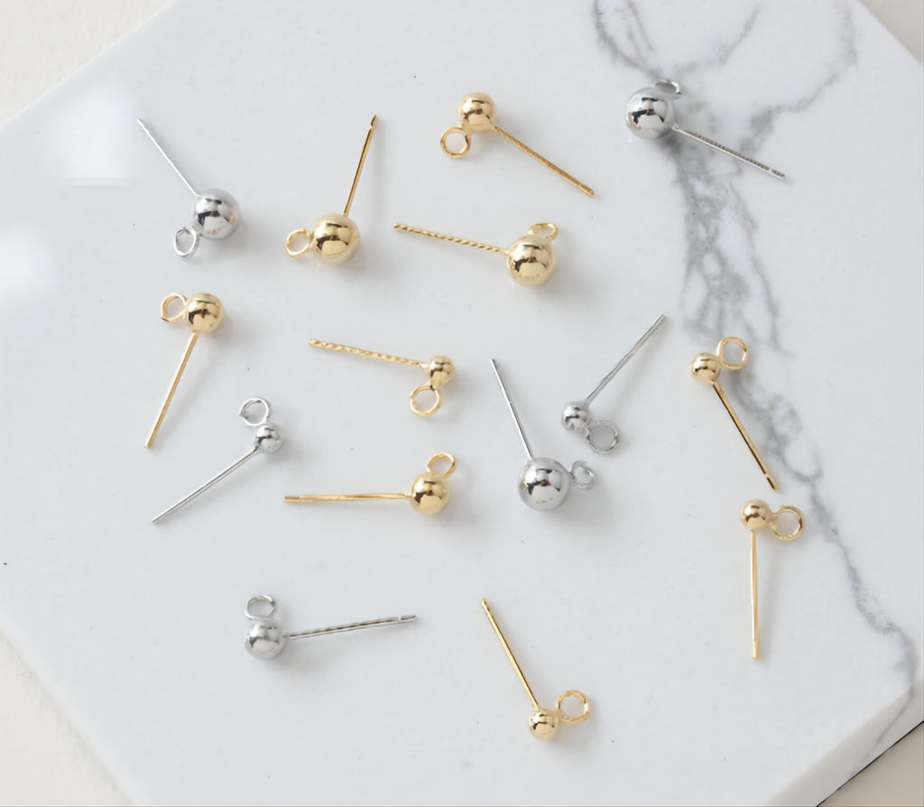 10pcs Ball Ear Post With Side Loop, S925 Silver Ear Pin Nickel Free Earrings, Gold/Silver Ear Stud, Hypoallergenic Earring Findings G006