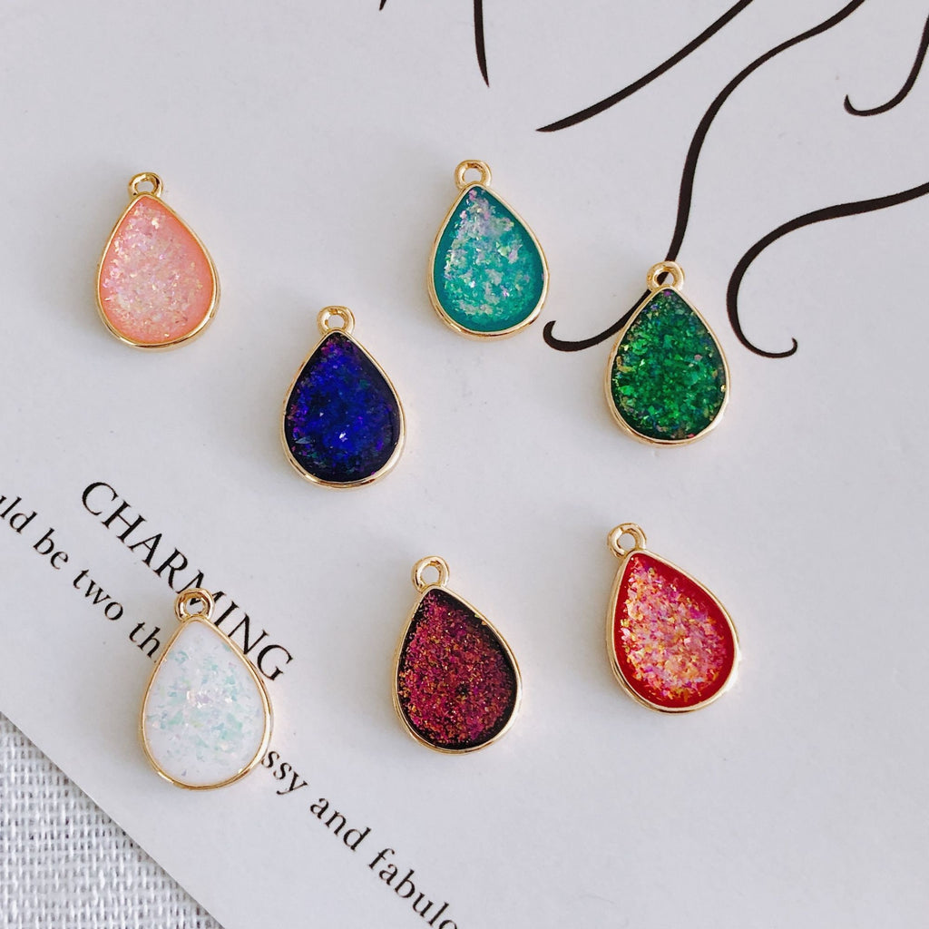 10pcs Faux Opal Drop Pendant, Resin with Gold Foil, Bracelet Necklace Pendant, 14K Real Gold Plated, Jewelry Findings MY040-F220