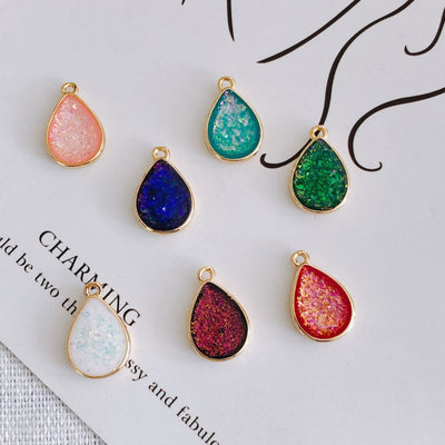 10pcs Faux Opal Drop Pendant, Resin with Gold Foil, Bracelet Necklace Pendant, 14K Real Gold Plated, Jewelry Findings MY040-F220