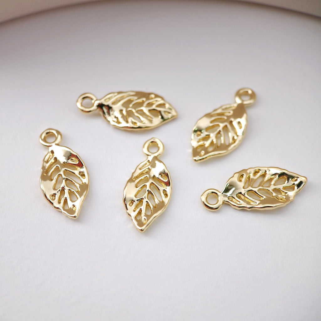 Gold Leaf Charm, 18K Real Gold Plated Brass Earring Charms, Jewelry Findings D0081