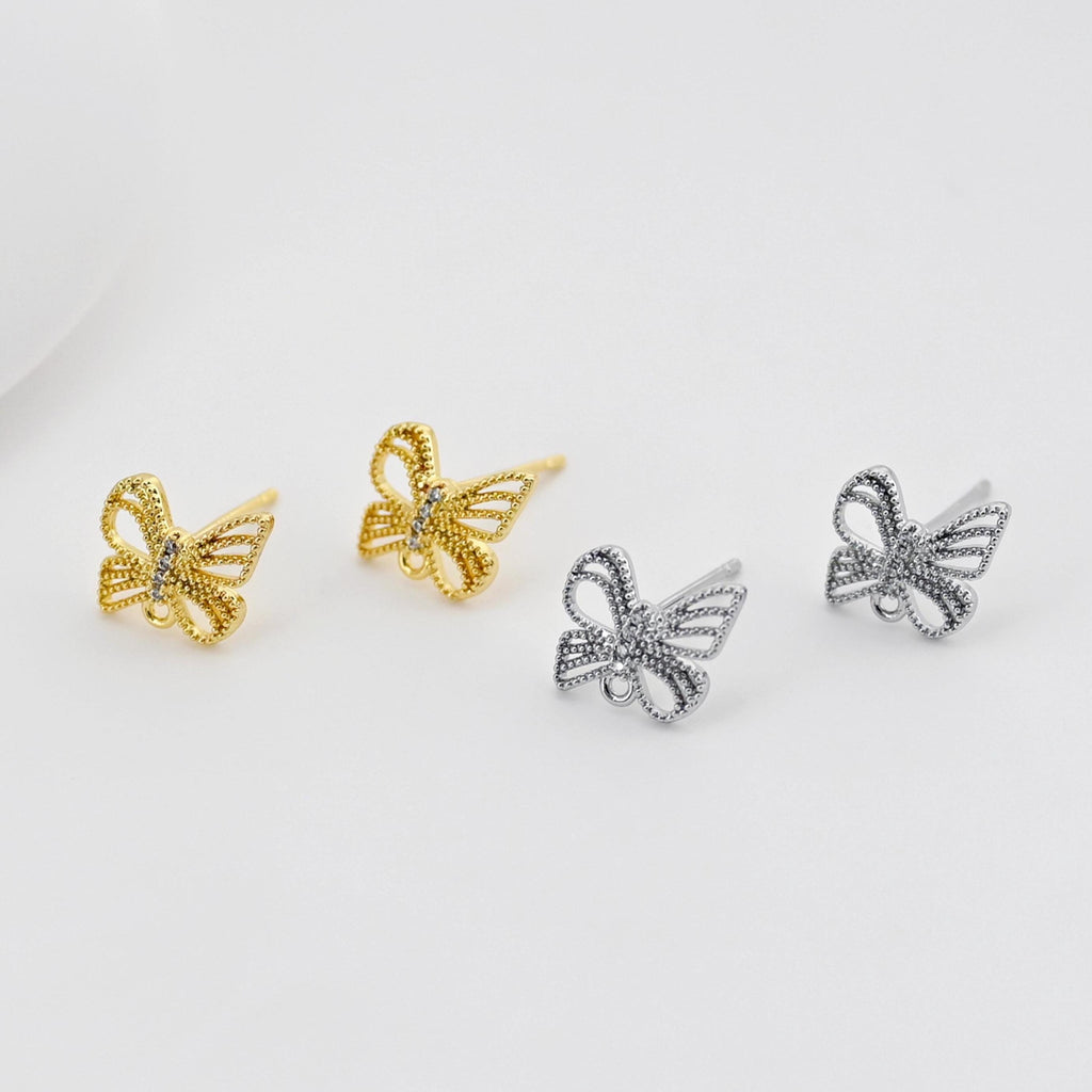 Butterfly Post Earring, 18K Real Gold Plated Brass Stud Earring With Loop, S925 Silver Pin, Nickel Free, Earring Finding D0416