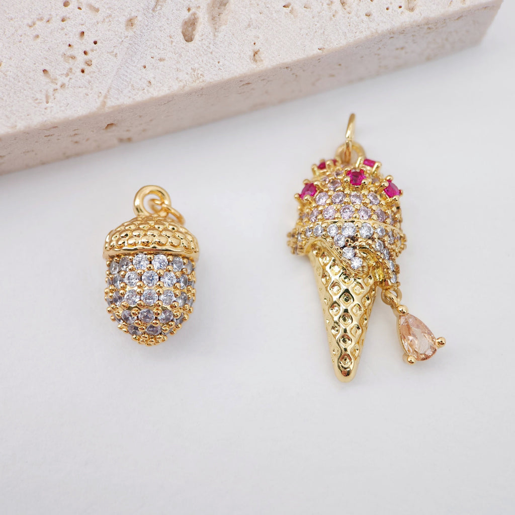 3D Pinecone Pendant, Ice Cream Pendant, 18K Gold Plated Charm, CZ Pave, Necklace Making Charms, Jewelry Findings S947