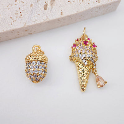 3D Pinecone Pendant, Ice Cream Pendant, 18K Gold Plated Charm, CZ Pave, Necklace Making Charms, Jewelry Findings S947