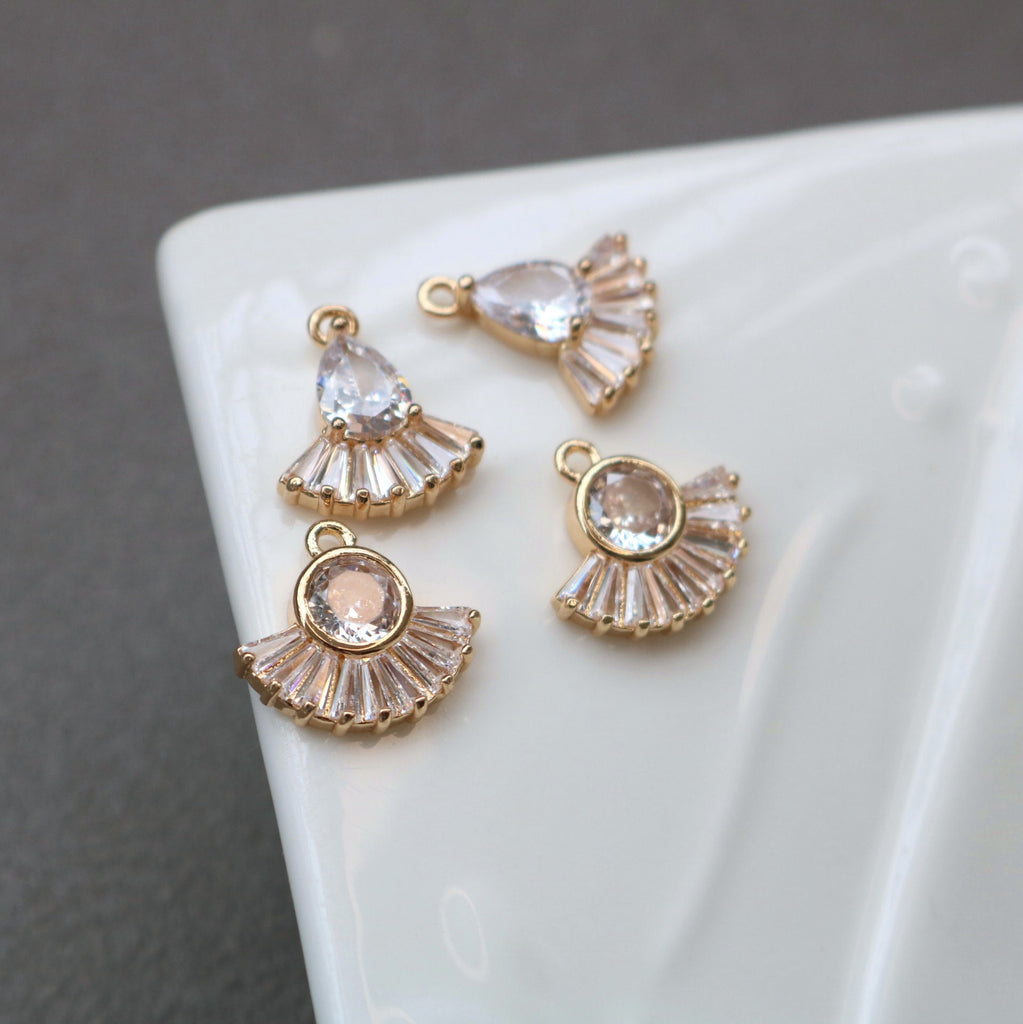 CZ  Fanshaped Charm, Cubic Zircon Crystal Crown Pendant, CZ Earring Charms, Gold Plated Brass Earring Charms, Jewelry Findings HL015-F199