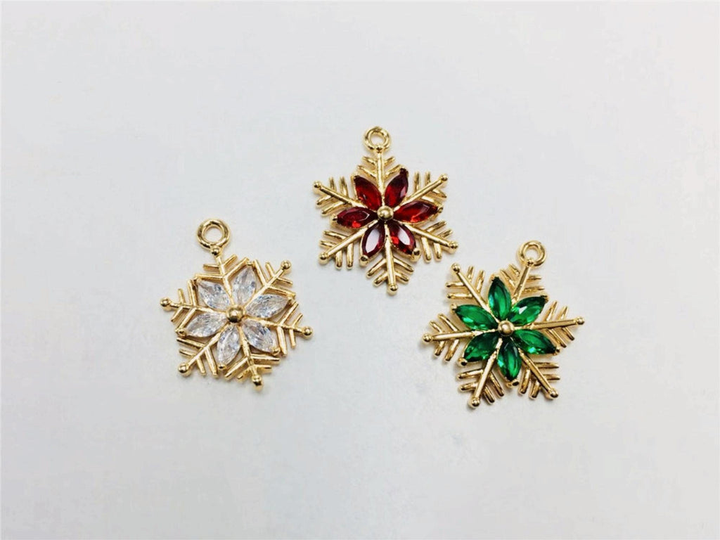 Snowflake Charm, Cubic Zircon Crystal Snowflake Pendant, CZ Earring Charms,  Real Gold Plated  Earring Charms, Jewelry Findings ZR012-F043