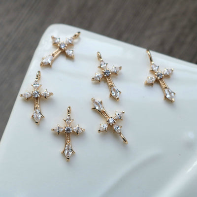 10pcs Cross Charm, Cubic Zircon Crystal Pendant, Real Gold Plated Brass Earring Charms, Jewelry Findings HL106-F102