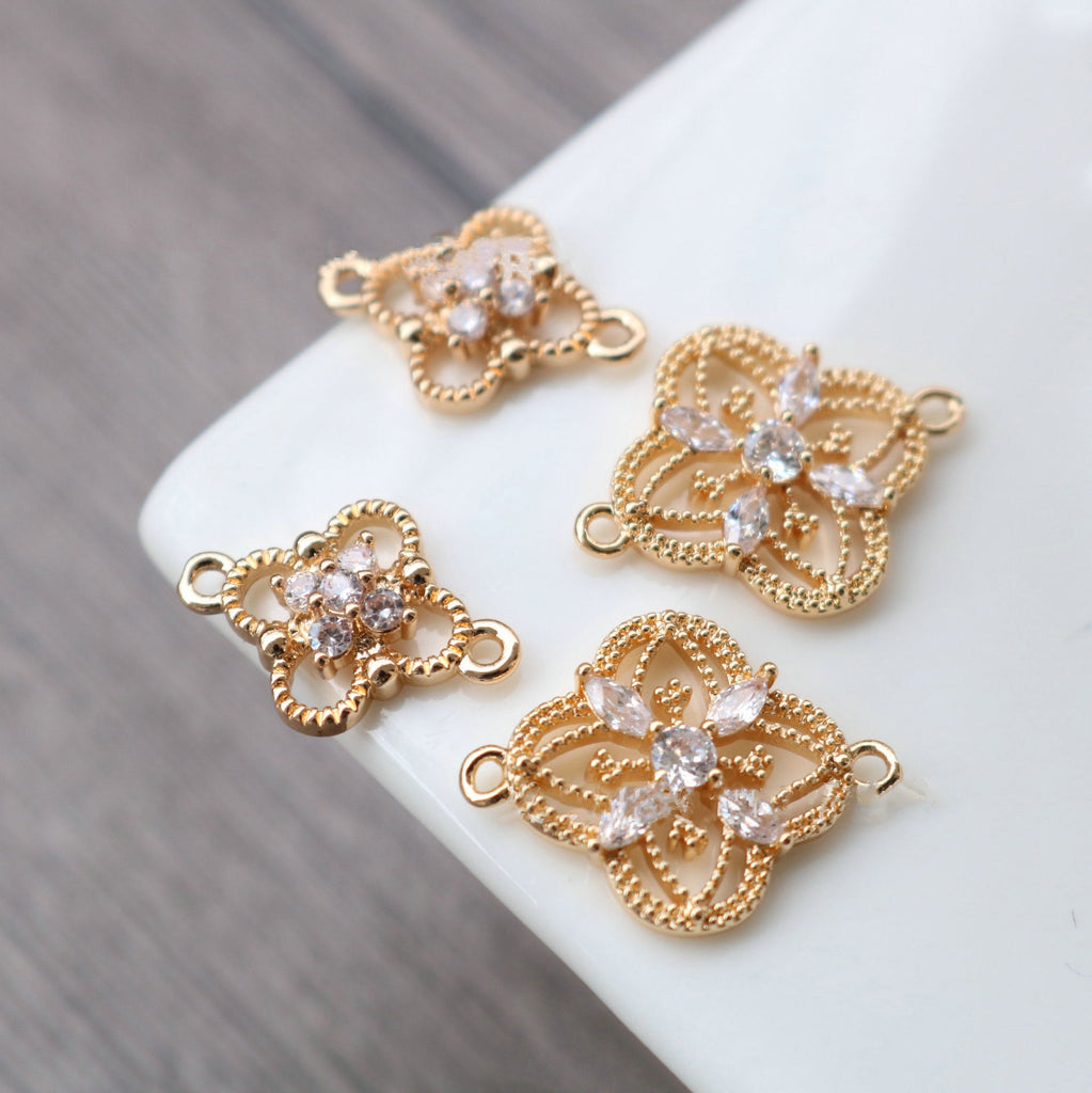 10pcs Flower Connector Charm, Cubic Zircon Crystal Flower Pendant, Real Gold Plated Brass Earring Charms, Jewelry Findings HL059-F146