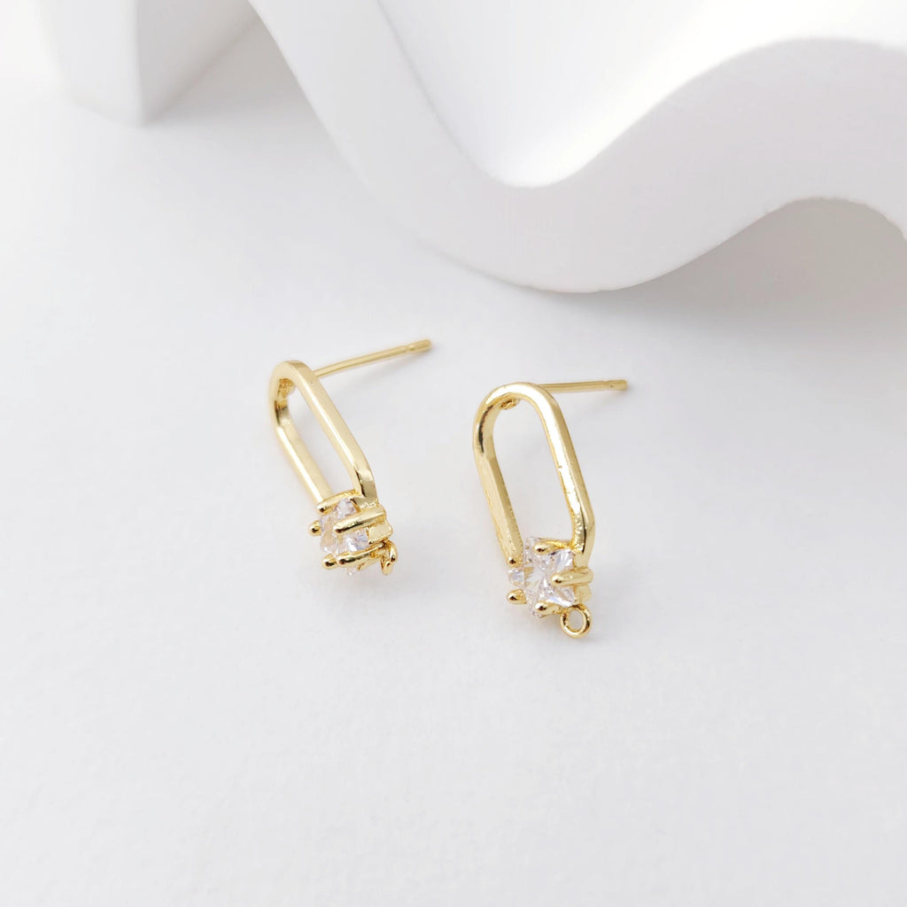 2pcs 18K Gold Oval Post With Loop, CZ Pave, S925 Silver Pin, 17.7*7.4mm, Stud Earring Nickel Free, Hypoallergenic Earring Findings D0234