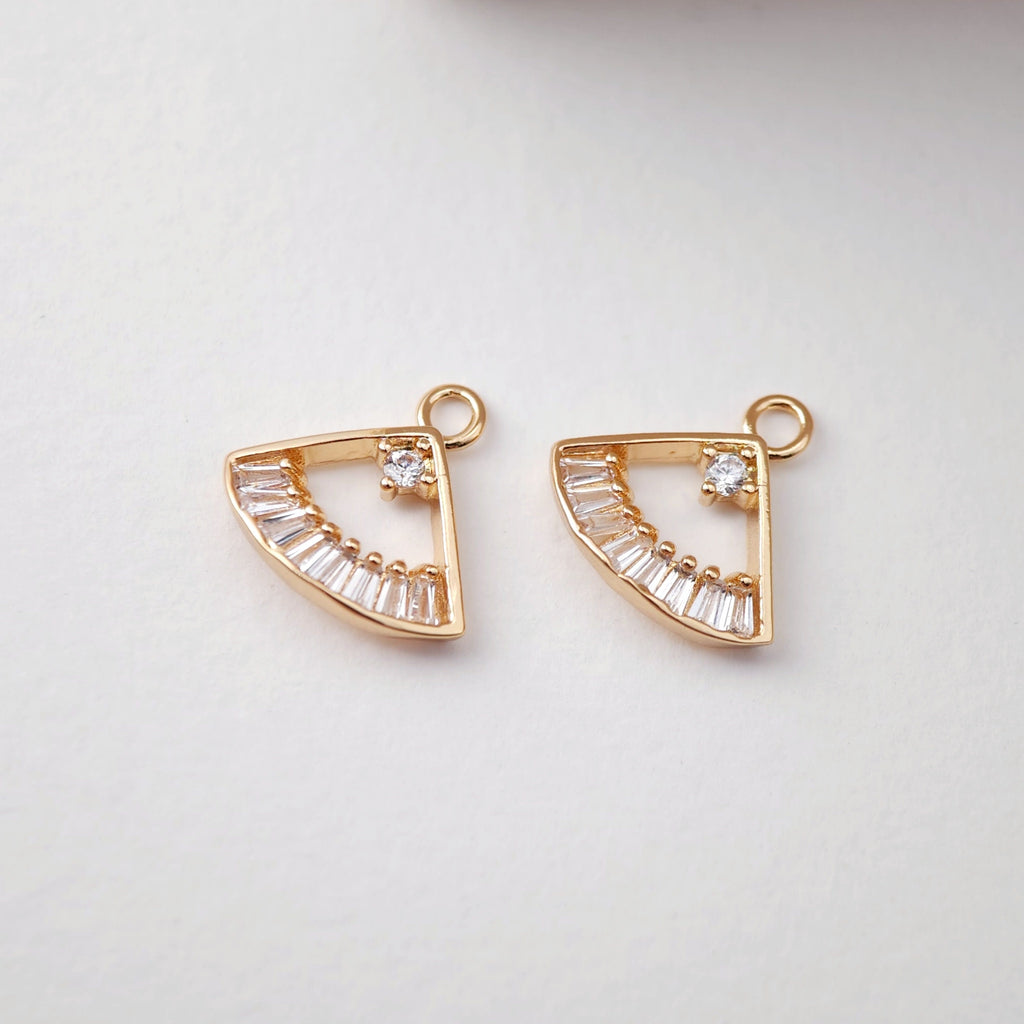 CZ Pave Fan Shape Charm, Cubic Rhombic Pendant, Earring Pendant, Real Gold Plated Brass Earring Charms, Jewelry Findings D0076