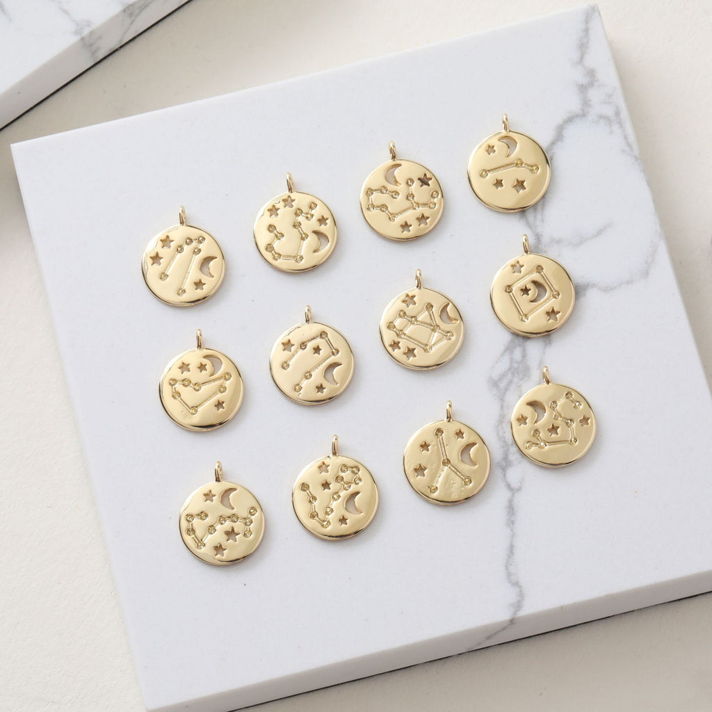 Zodiac Charms, Round Constellation Pendant, 14K Gold Plated Zodiac Sign, Necklace Making Charms, Birthday Gift Jewelry Findings JG048