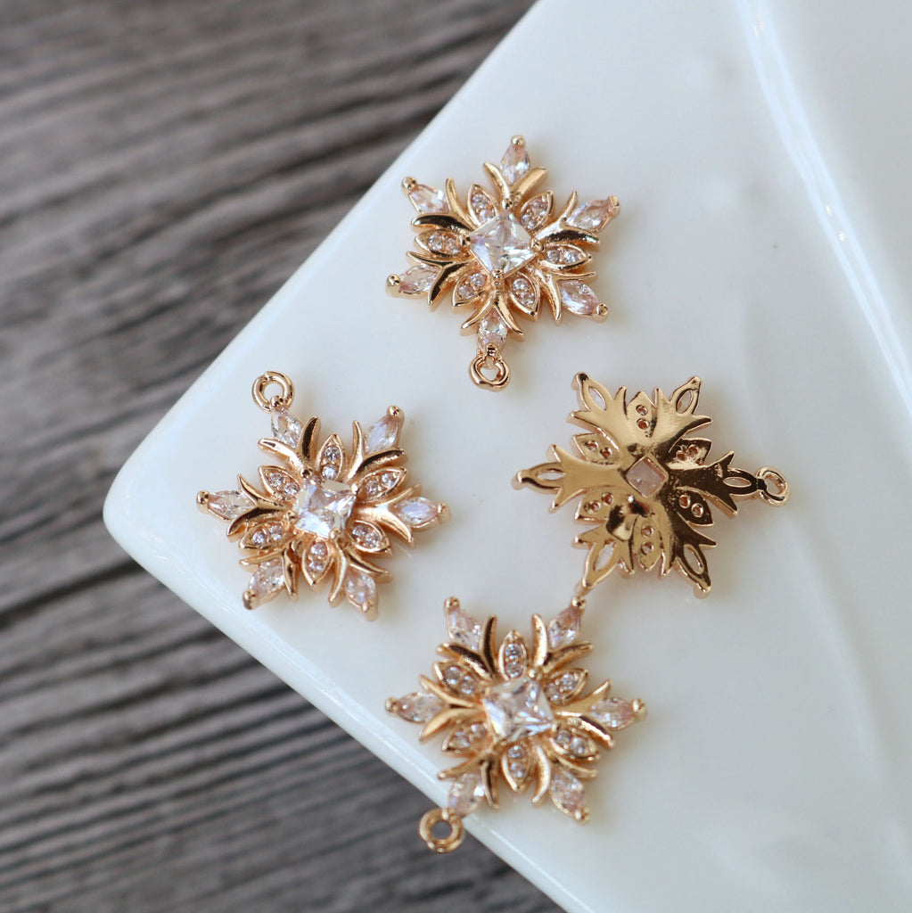 Snowflake Charm, Cubic Zircon Crystal Snowflake Pendant, CZ Earring Charms,  Gold Plated Brass Earring Charms, Jewelry Findings HL016-F143