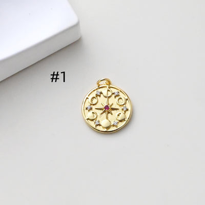 Round Badge Pendant, Star pendant, CZ Pave Pendant, 18K Gold Plated, Necklace Making Charm, Jewelry Findings S1305