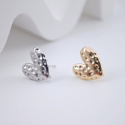 Hammered Heart Earring Post, 18K Gold/Silver, S925 Silver Pin Nickel Free Earrings, Heart Shape Ear Stud with Loop ZX242