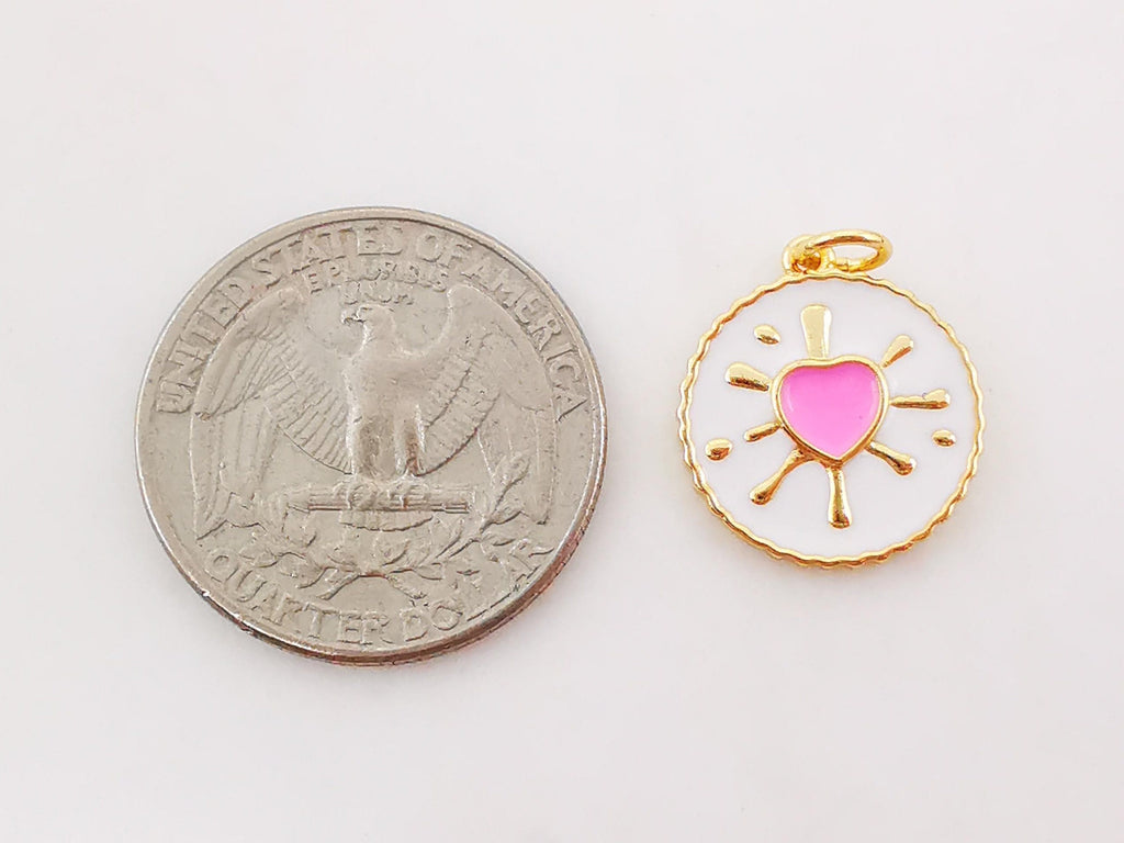 Enamel Round Heart Charm, 18K Gold Plated Love Pendant, 16mm, Necklace Making Charm, Jewelry Findings S995