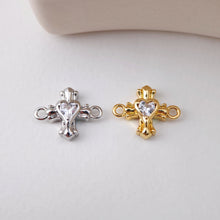 Load image into Gallery viewer, Cross Connector, Heart Cubic Zircon Pendant, Real Gold Plated Brass Earring Charms, Jewelry Findings S1207