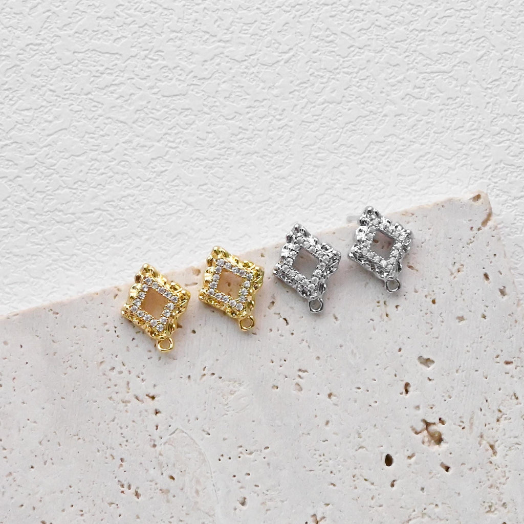 Diamond shaped Post with Loop, Pave CZ, 18K Gold, S925 Silver Pin Nickel Free Earrings, Hypoallergenic Earring Findings D0423